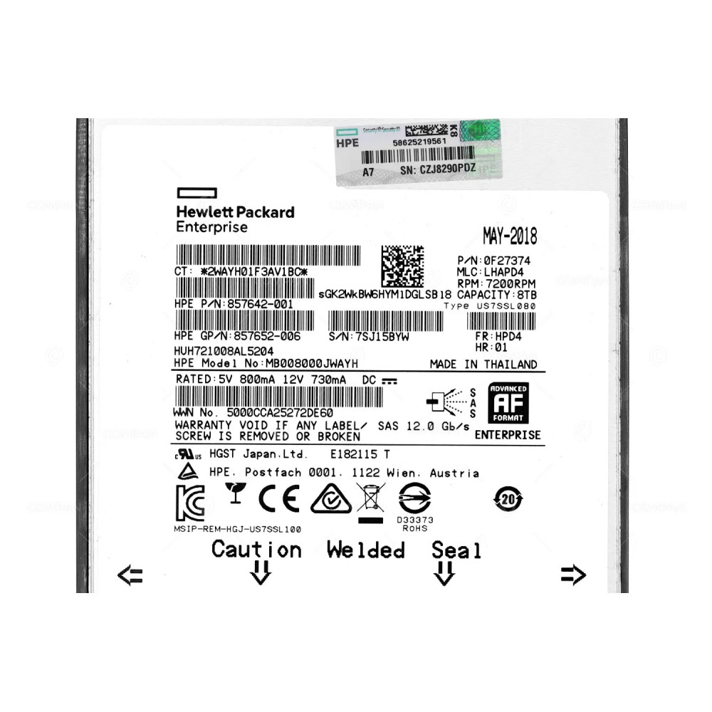 861607-001 HP HDD 8TB 7.2K SAS 12G 3.5" LFF FOR HP PROLIANT DL360 DL380 G10